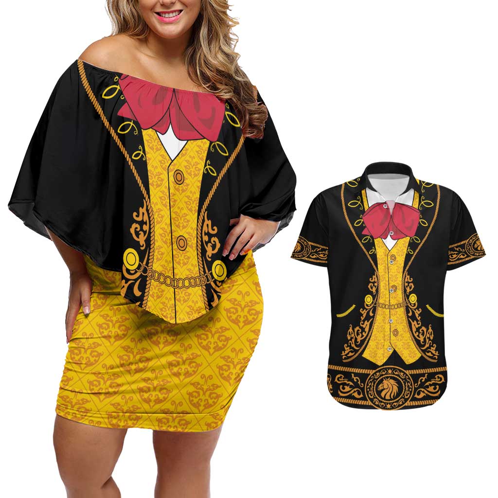 Mexican Mariachi Charro Suit Stylized Couples Matching Off Shoulder Short Dress and Hawaiian Shirt Cinco de Mayo Fiesta