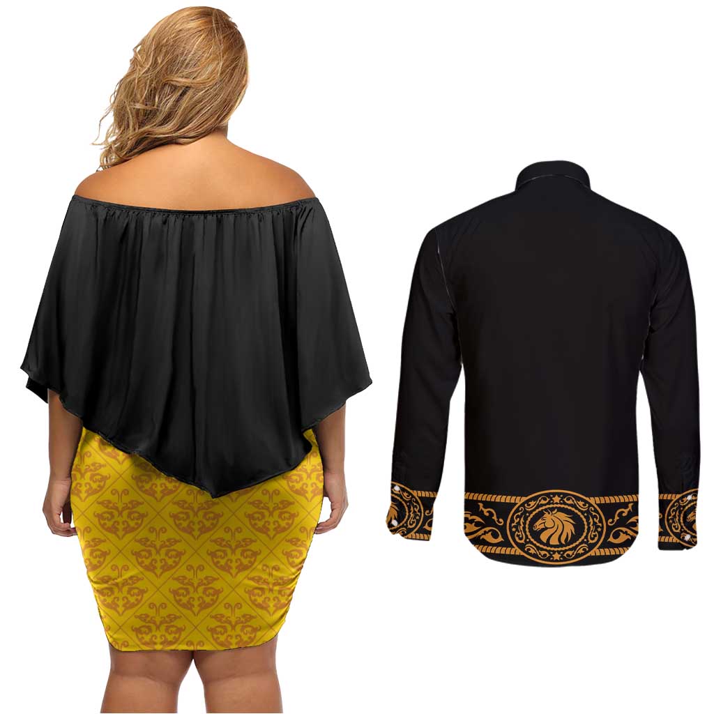 Mexican Mariachi Charro Suit Stylized Couples Matching Off Shoulder Short Dress and Long Sleeve Button Shirt Cinco de Mayo Fiesta