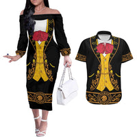 Mexican Mariachi Charro Suit Stylized Couples Matching Off The Shoulder Long Sleeve Dress and Hawaiian Shirt Cinco de Mayo Fiesta