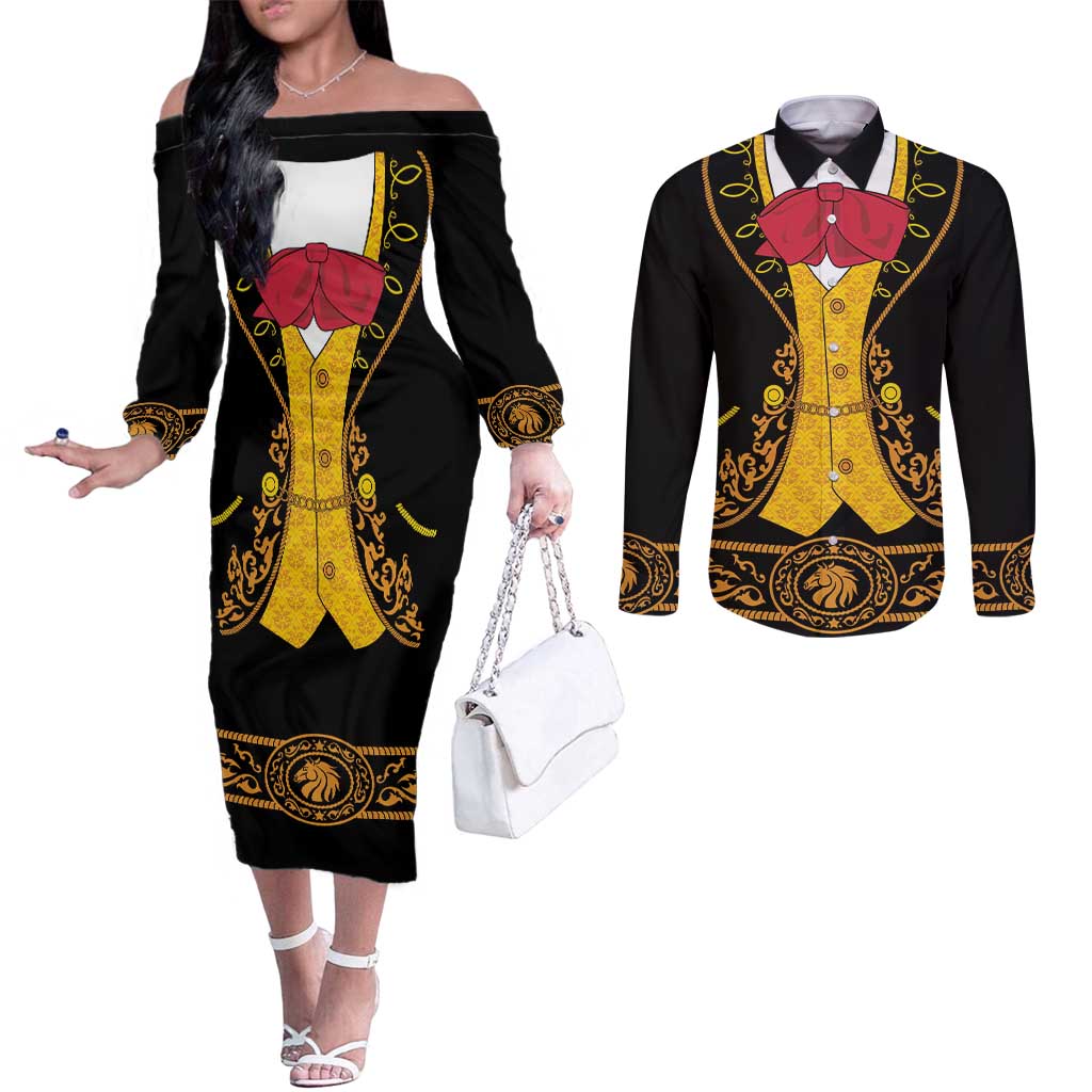 Mexican Mariachi Charro Suit Stylized Couples Matching Off The Shoulder Long Sleeve Dress and Long Sleeve Button Shirt Cinco de Mayo Fiesta