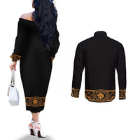 Mexican Mariachi Charro Suit Stylized Couples Matching Off The Shoulder Long Sleeve Dress and Long Sleeve Button Shirt Cinco de Mayo Fiesta