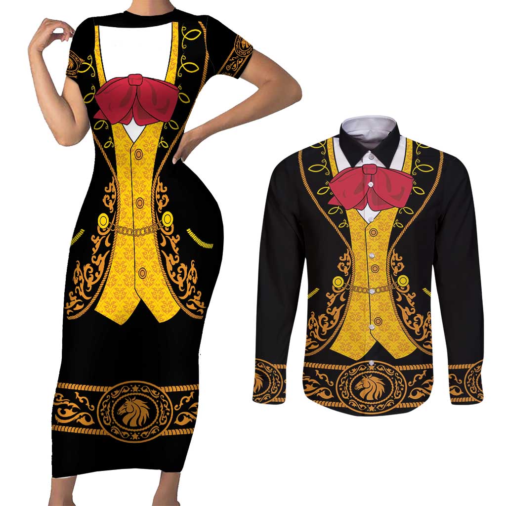 Mexican Mariachi Charro Suit Stylized Couples Matching Short Sleeve Bodycon Dress and Long Sleeve Button Shirt Cinco de Mayo Fiesta