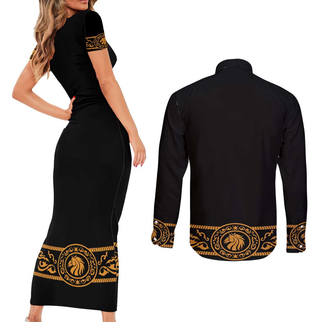 Mexican Mariachi Charro Suit Stylized Couples Matching Short Sleeve Bodycon Dress and Long Sleeve Button Shirt Cinco de Mayo Fiesta