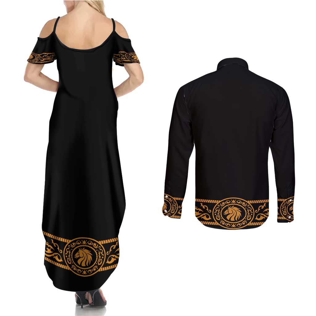 Mexican Mariachi Charro Suit Stylized Couples Matching Summer Maxi Dress and Long Sleeve Button Shirt Cinco de Mayo Fiesta