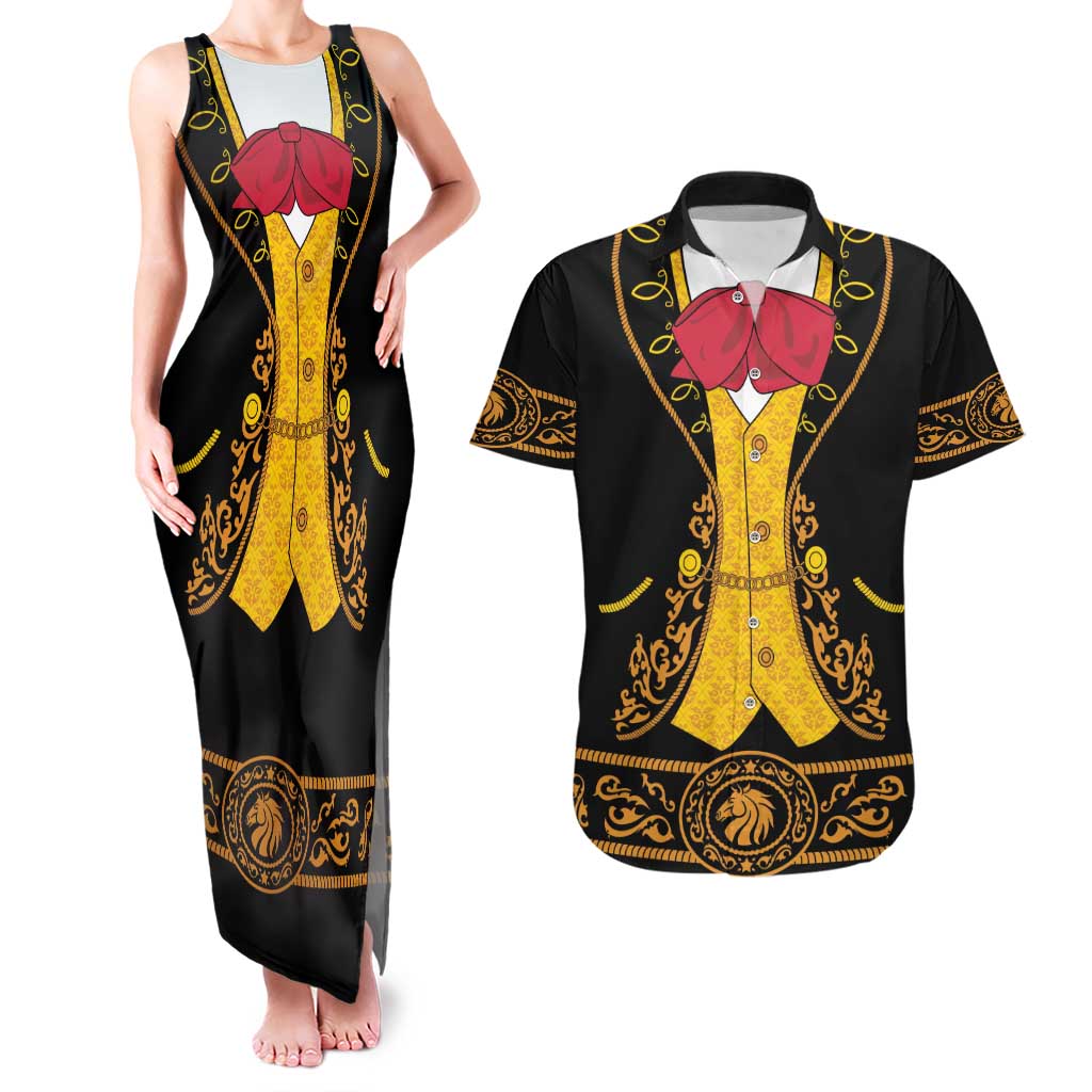 Mexican Mariachi Charro Suit Stylized Couples Matching Tank Maxi Dress and Hawaiian Shirt Cinco de Mayo Fiesta