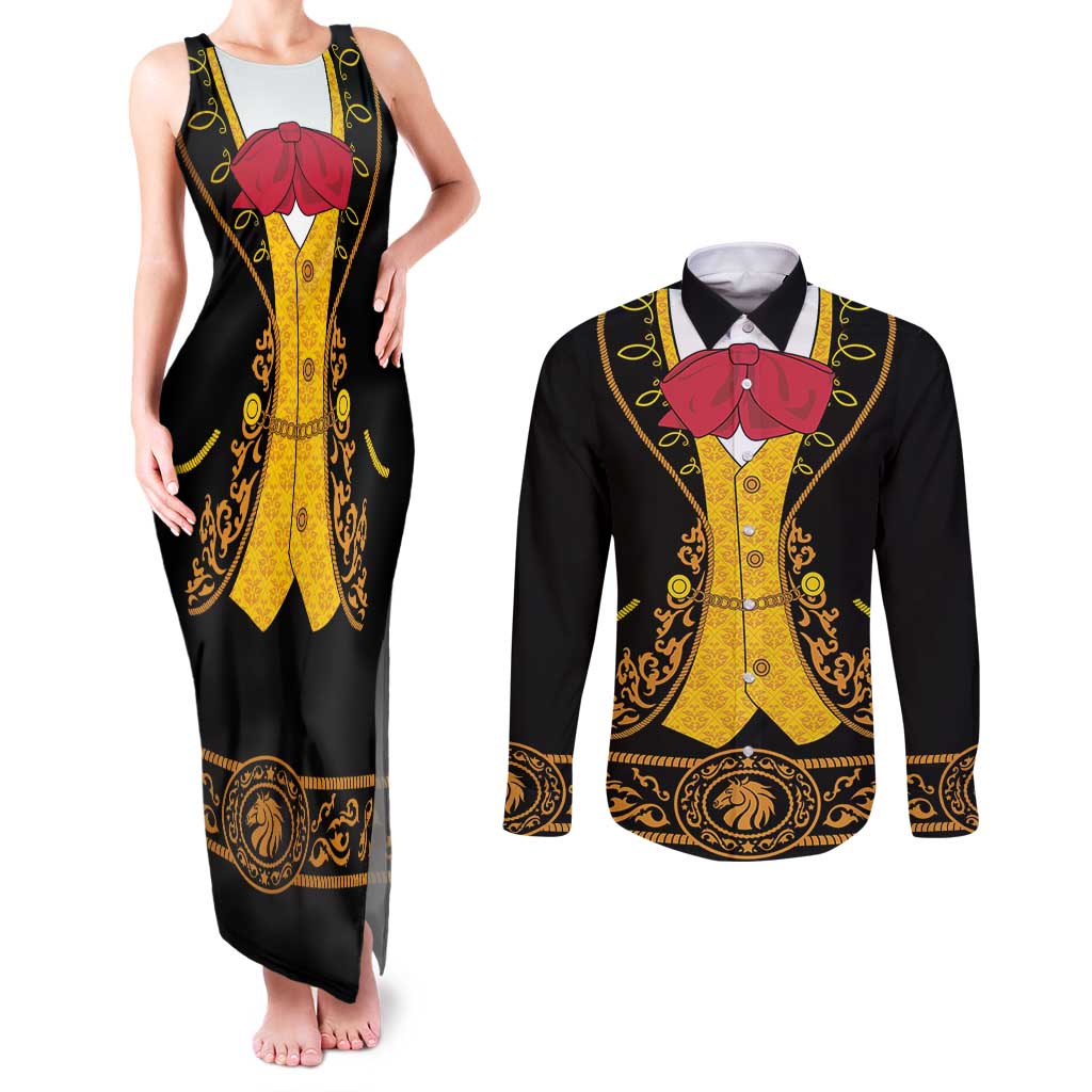 Mexican Mariachi Charro Suit Stylized Couples Matching Tank Maxi Dress and Long Sleeve Button Shirt Cinco de Mayo Fiesta