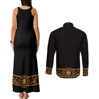 Mexican Mariachi Charro Suit Stylized Couples Matching Tank Maxi Dress and Long Sleeve Button Shirt Cinco de Mayo Fiesta