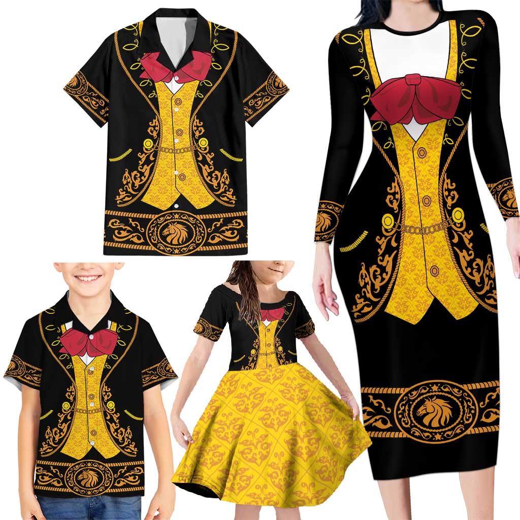 Mexican Mariachi Charro Suit Stylized Family Matching Long Sleeve Bodycon Dress and Hawaiian Shirt Cinco de Mayo Fiesta