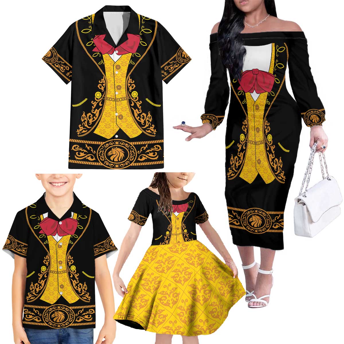 Mexican Mariachi Charro Suit Stylized Family Matching Off The Shoulder Long Sleeve Dress and Hawaiian Shirt Cinco de Mayo Fiesta