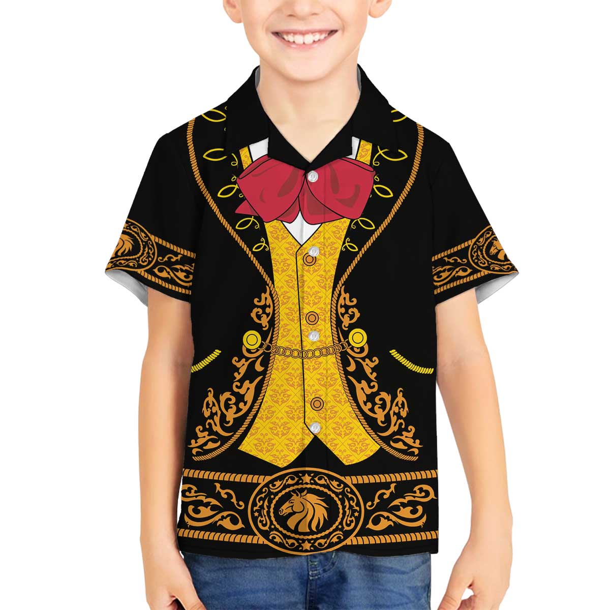 Mexican Mariachi Charro Suit Stylized Family Matching Off The Shoulder Long Sleeve Dress and Hawaiian Shirt Cinco de Mayo Fiesta