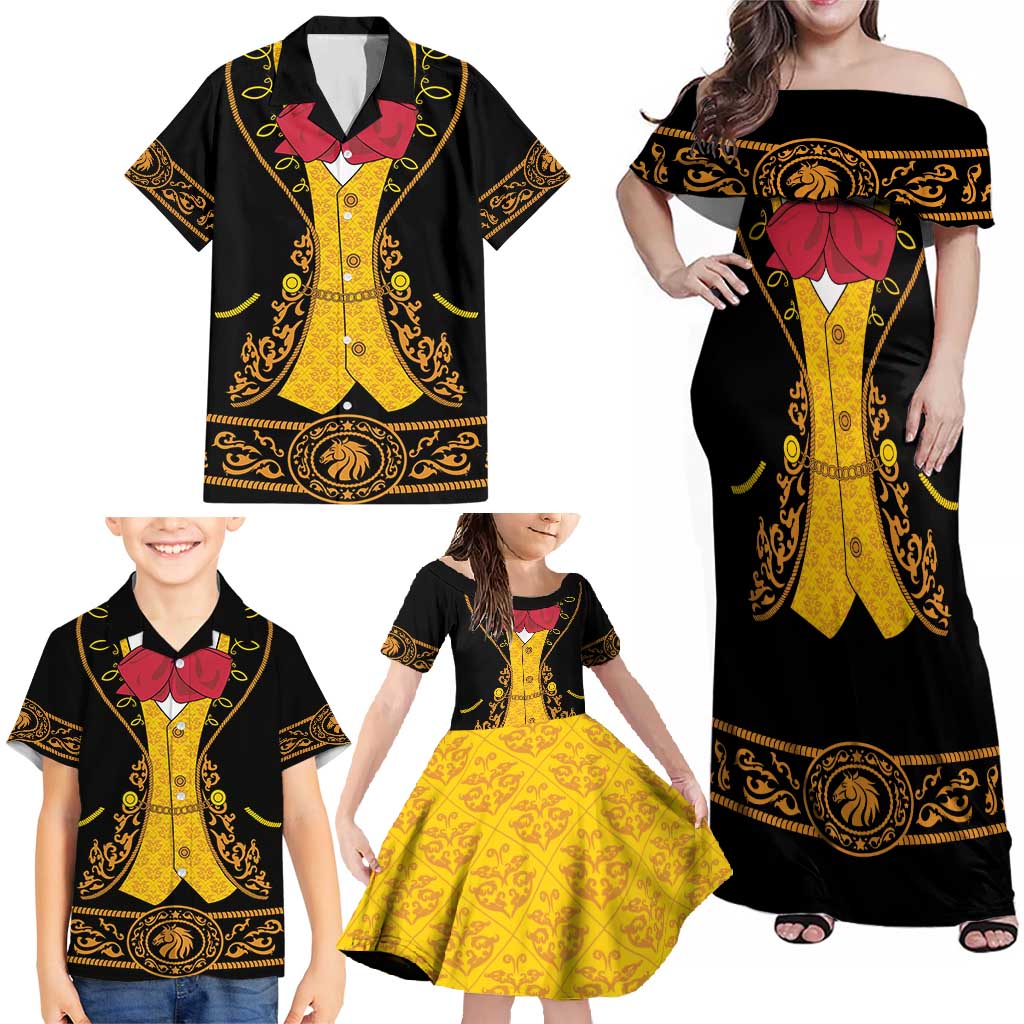 Mexican Mariachi Charro Suit Stylized Family Matching Off Shoulder Maxi Dress and Hawaiian Shirt Cinco de Mayo Fiesta
