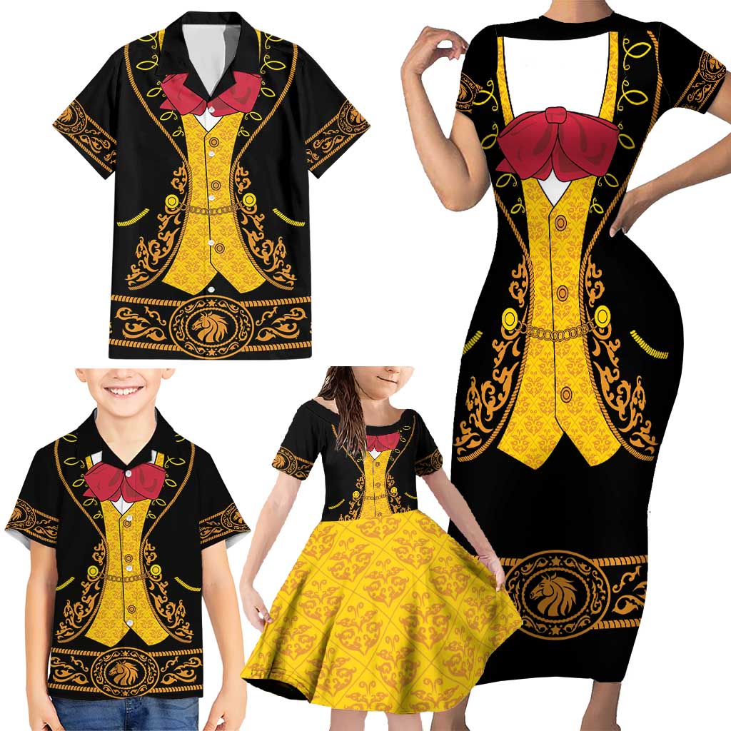Mexican Mariachi Charro Suit Stylized Family Matching Short Sleeve Bodycon Dress and Hawaiian Shirt Cinco de Mayo Fiesta