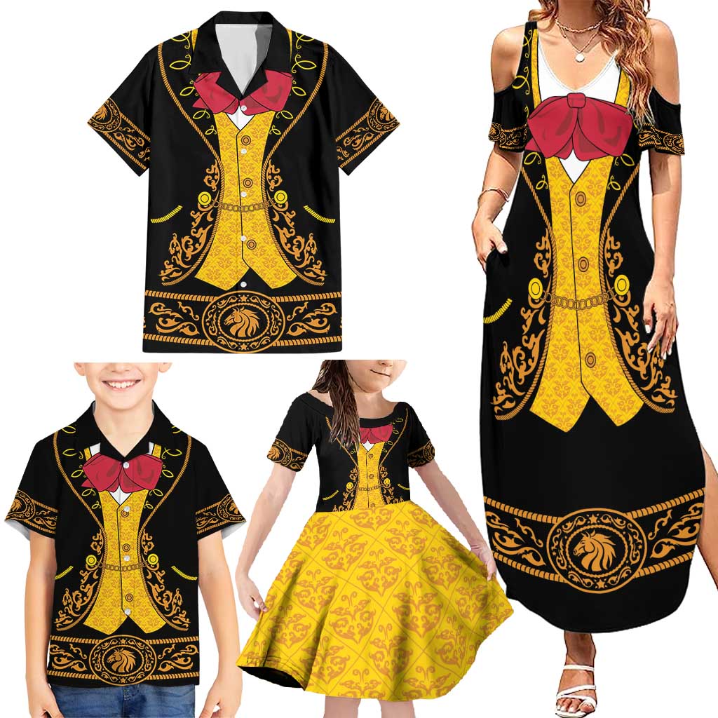 Mexican Mariachi Charro Suit Stylized Family Matching Summer Maxi Dress and Hawaiian Shirt Cinco de Mayo Fiesta