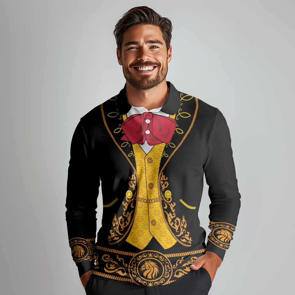 Mexican Mariachi Charro Suit Stylized Long Sleeve Polo Shirt Cinco de Mayo Fiesta