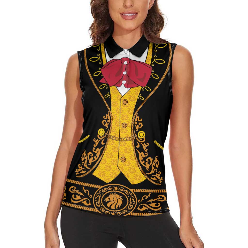 Mexican Mariachi Charro Suit Stylized Women Sleeveless Polo Shirt Cinco de Mayo Fiesta