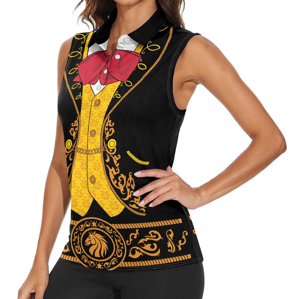 Mexican Mariachi Charro Suit Stylized Women Sleeveless Polo Shirt Cinco de Mayo Fiesta
