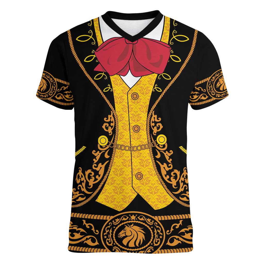 Mexican Mariachi Charro Suit Stylized Women V-Neck T-Shirt Cinco de Mayo Fiesta