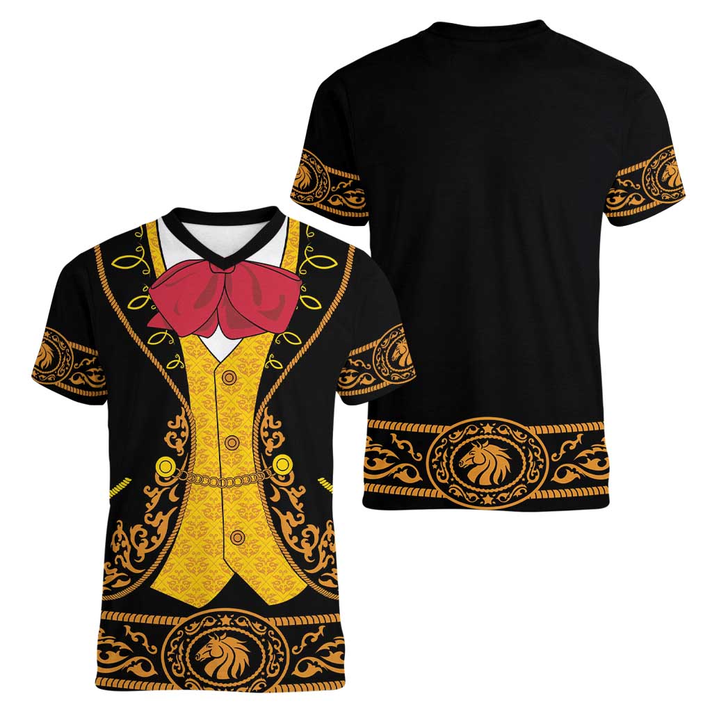 Mexican Mariachi Charro Suit Stylized Women V-Neck T-Shirt Cinco de Mayo Fiesta