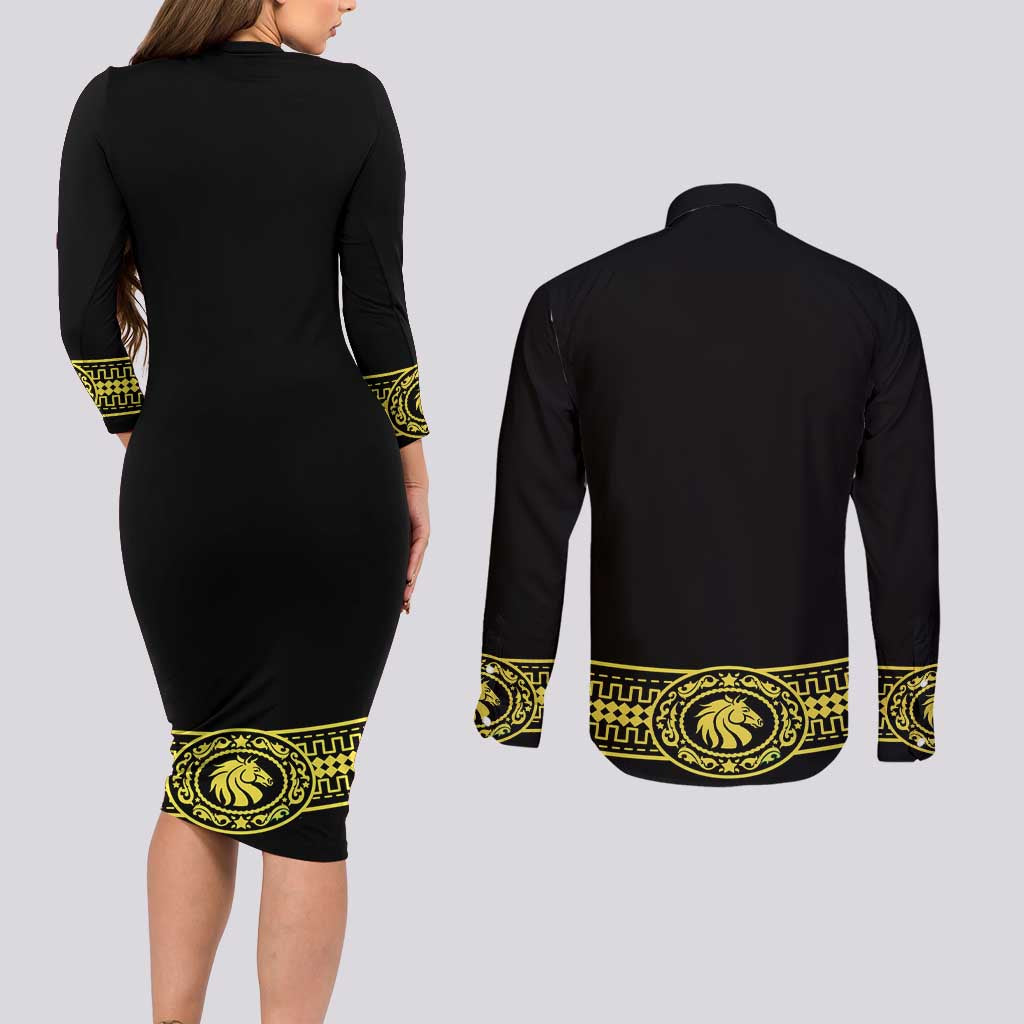 Mexican Charro Suit Stylized Couples Matching Long Sleeve Bodycon Dress and Long Sleeve Button Shirt Cinco de Mayo Costume