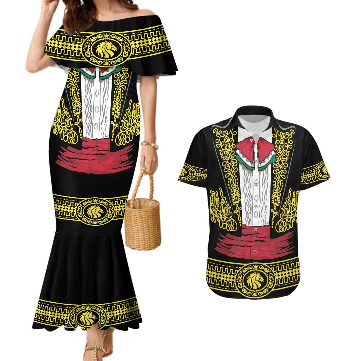 Mexican Charro Suit Stylized Couples Matching Mermaid Dress and Hawaiian Shirt Cinco de Mayo Costume