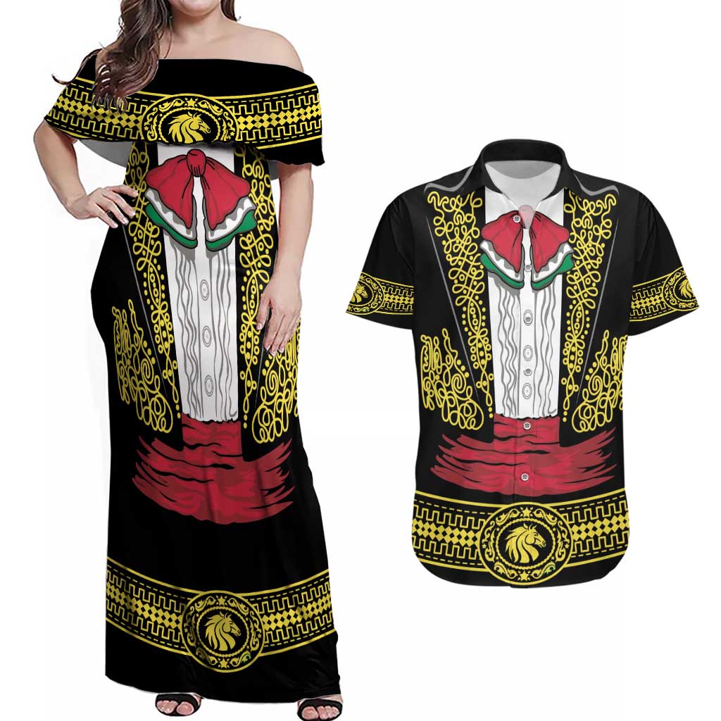 Mexican Charro Suit Stylized Couples Matching Off Shoulder Maxi Dress and Hawaiian Shirt Cinco de Mayo Costume