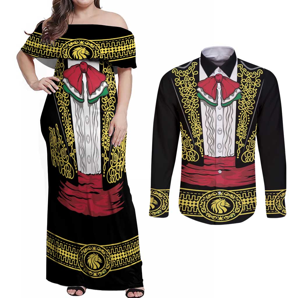 Mexican Charro Suit Stylized Couples Matching Off Shoulder Maxi Dress and Long Sleeve Button Shirt Cinco de Mayo Costume