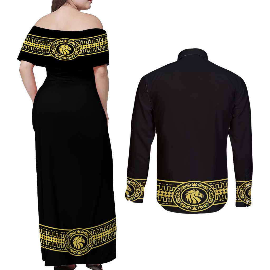 Mexican Charro Suit Stylized Couples Matching Off Shoulder Maxi Dress and Long Sleeve Button Shirt Cinco de Mayo Costume