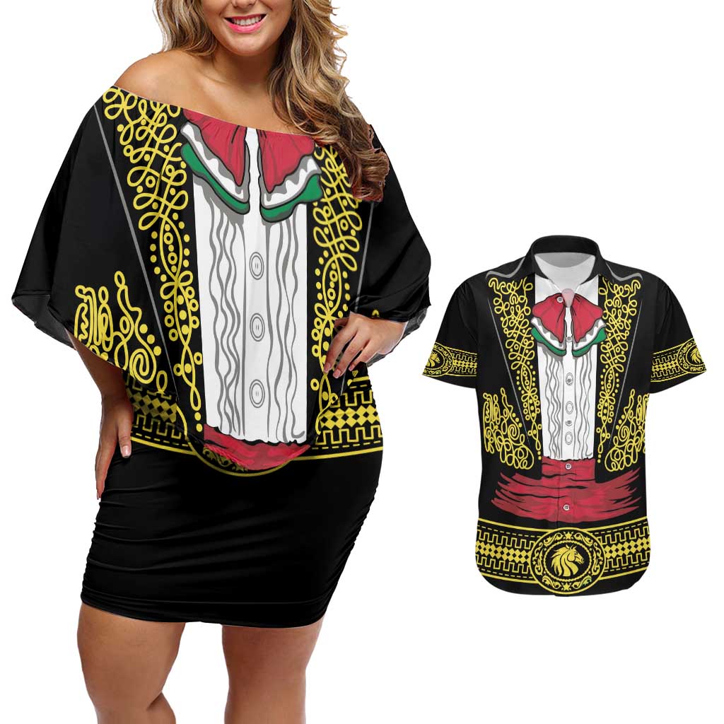 Mexican Charro Suit Stylized Couples Matching Off Shoulder Short Dress and Hawaiian Shirt Cinco de Mayo Costume
