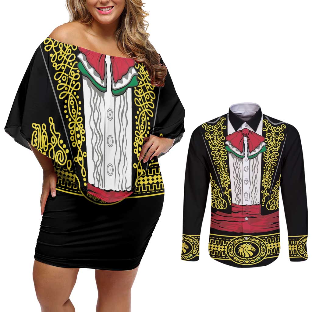 Mexican Charro Suit Stylized Couples Matching Off Shoulder Short Dress and Long Sleeve Button Shirt Cinco de Mayo Costume