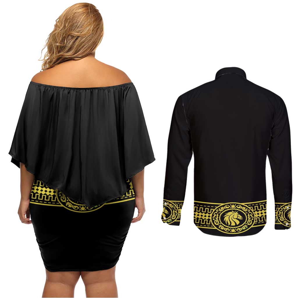 Mexican Charro Suit Stylized Couples Matching Off Shoulder Short Dress and Long Sleeve Button Shirt Cinco de Mayo Costume