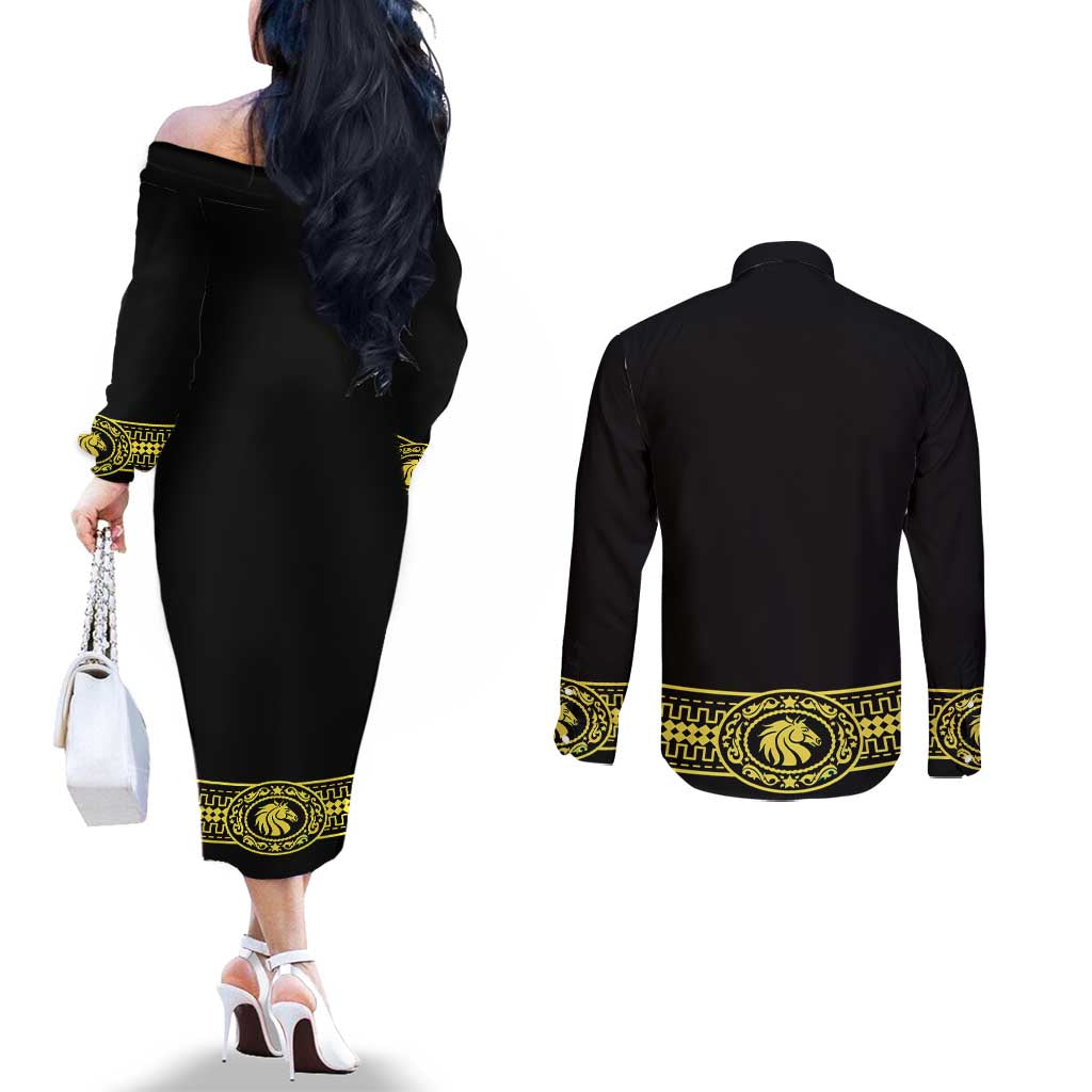 Mexican Charro Suit Stylized Couples Matching Off The Shoulder Long Sleeve Dress and Long Sleeve Button Shirt Cinco de Mayo Costume