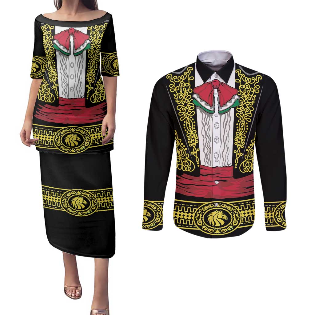 Mexican Charro Suit Stylized Couples Matching Puletasi and Long Sleeve Button Shirt Cinco de Mayo Costume
