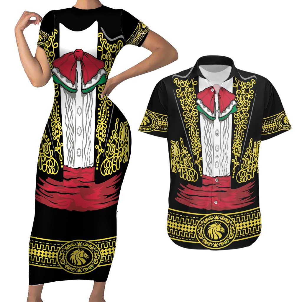 Mexican Charro Suit Stylized Couples Matching Short Sleeve Bodycon Dress and Hawaiian Shirt Cinco de Mayo Costume