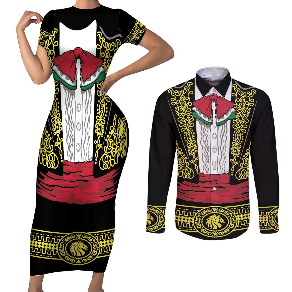 Mexican Charro Suit Stylized Couples Matching Short Sleeve Bodycon Dress and Long Sleeve Button Shirt Cinco de Mayo Costume