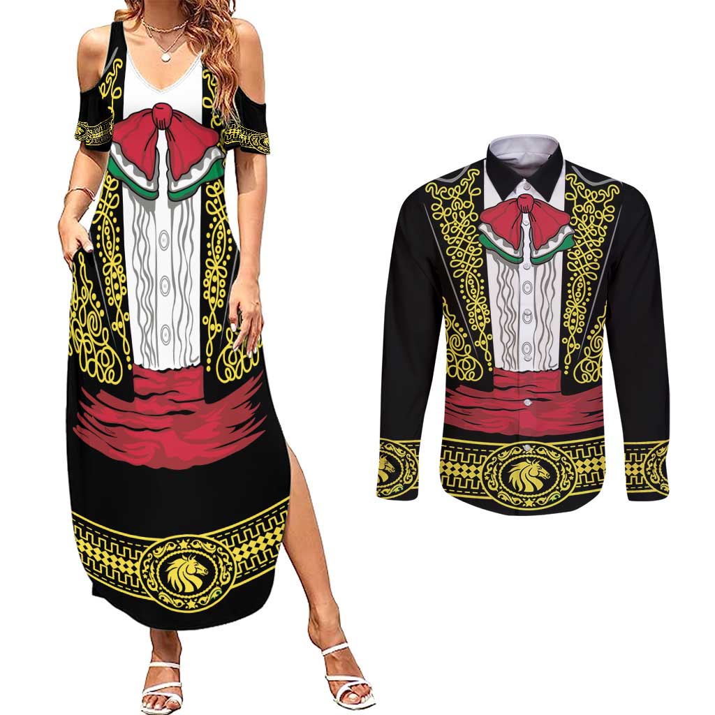 Mexican Charro Suit Stylized Couples Matching Summer Maxi Dress and Long Sleeve Button Shirt Cinco de Mayo Costume