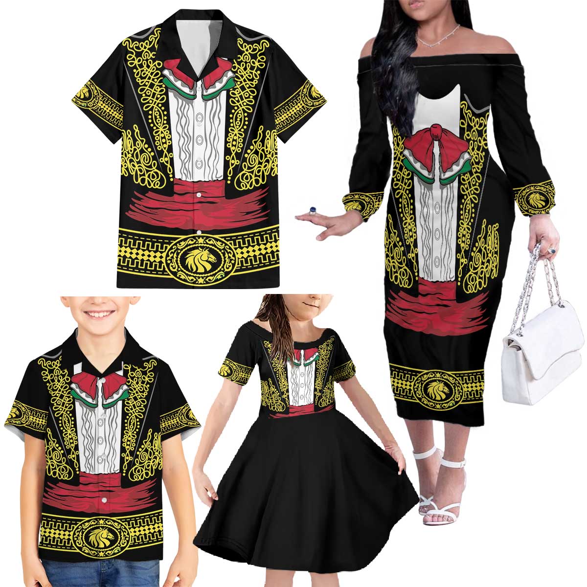 Mexican Charro Suit Stylized Family Matching Off The Shoulder Long Sleeve Dress and Hawaiian Shirt Cinco de Mayo Costume