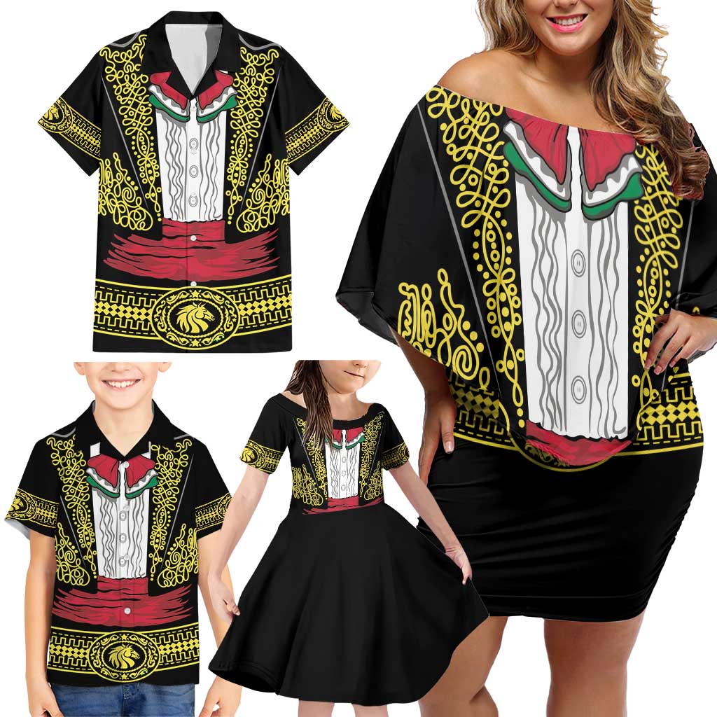 Mexican Charro Suit Stylized Family Matching Off Shoulder Short Dress and Hawaiian Shirt Cinco de Mayo Costume