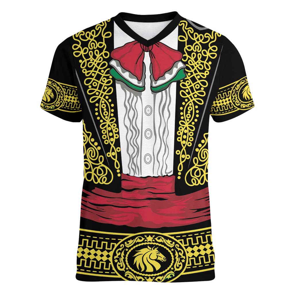 Mexican Charro Suit Stylized Women V-Neck T-Shirt Cinco de Mayo Costume