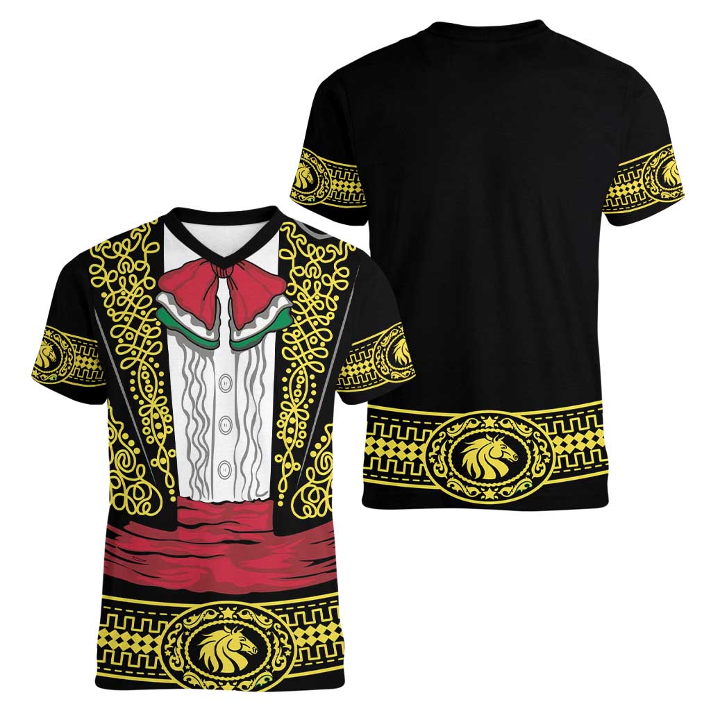 Mexican Charro Suit Stylized Women V-Neck T-Shirt Cinco de Mayo Costume