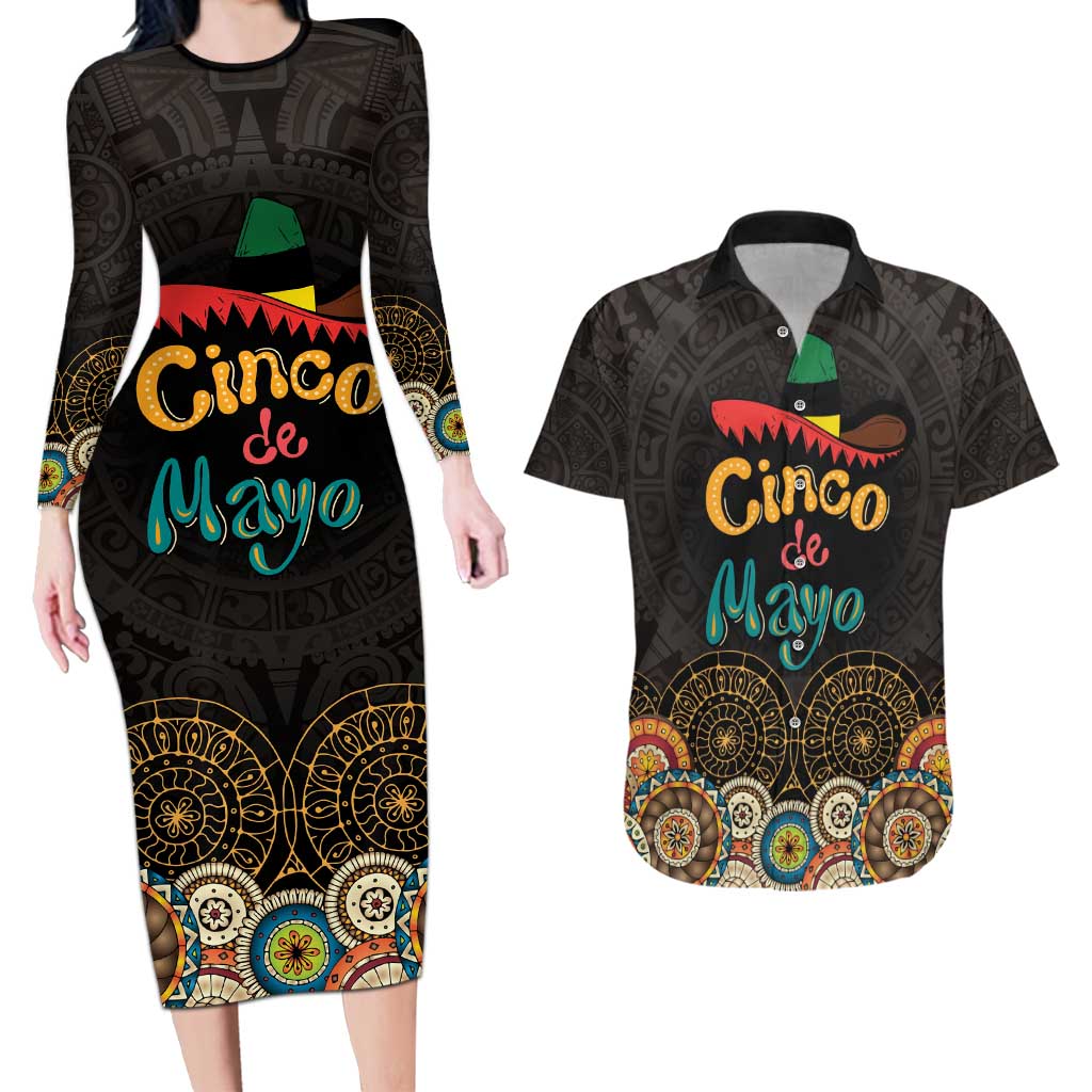 Personalized Mexico Cinco de Mayo Fiesta Couples Matching Long Sleeve Bodycon Dress and Hawaiian Shirt Traditional Sombrero Hat
