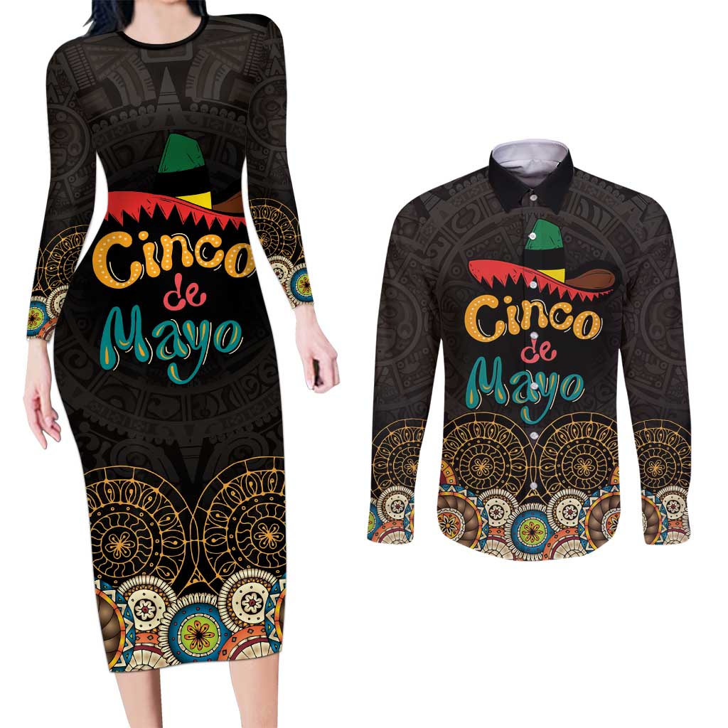 Personalized Mexico Cinco de Mayo Fiesta Couples Matching Long Sleeve Bodycon Dress and Long Sleeve Button Shirt Traditional Sombrero Hat
