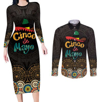 Personalized Mexico Cinco de Mayo Fiesta Couples Matching Long Sleeve Bodycon Dress and Long Sleeve Button Shirt Traditional Sombrero Hat