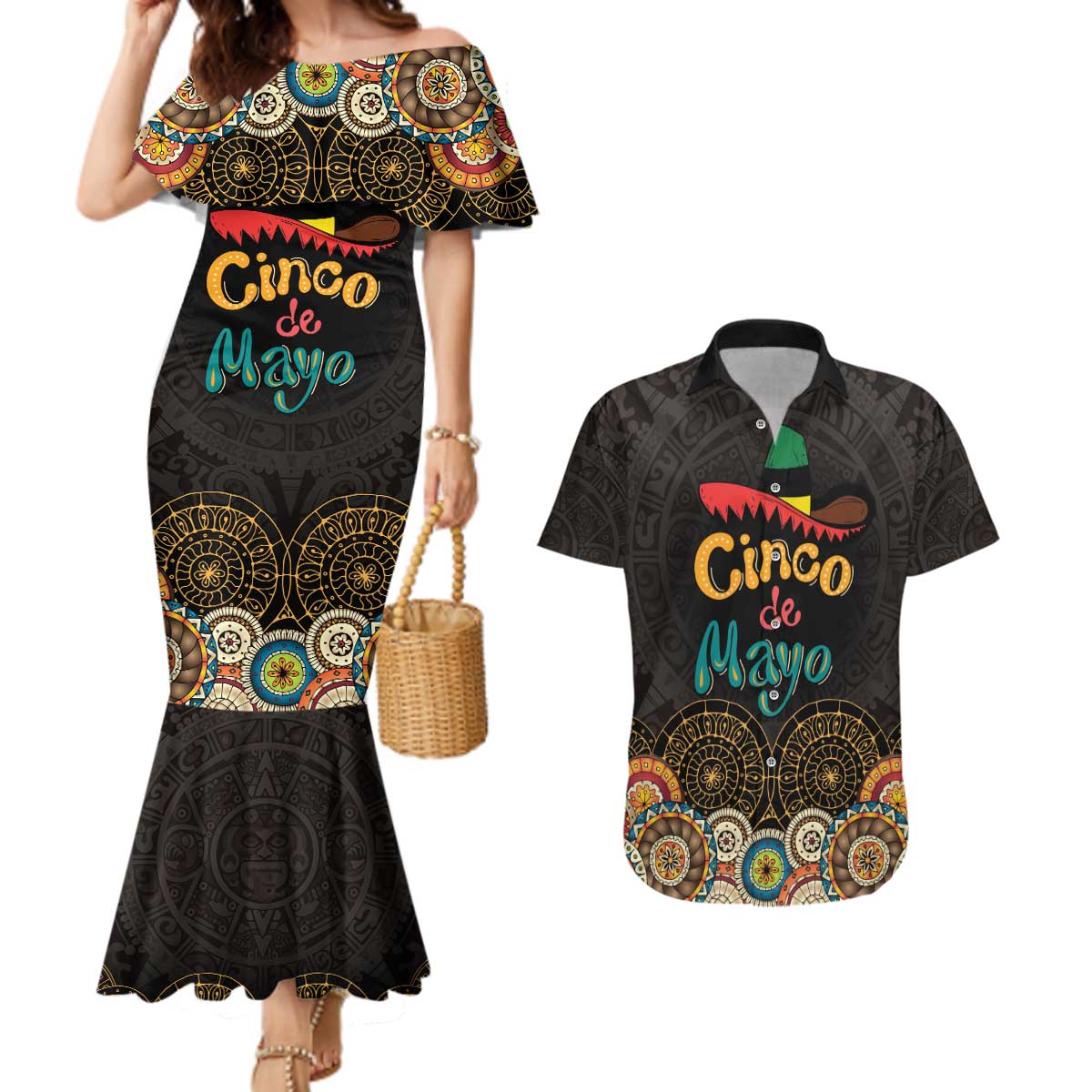 Personalized Mexico Cinco de Mayo Fiesta Couples Matching Mermaid Dress and Hawaiian Shirt Traditional Sombrero Hat