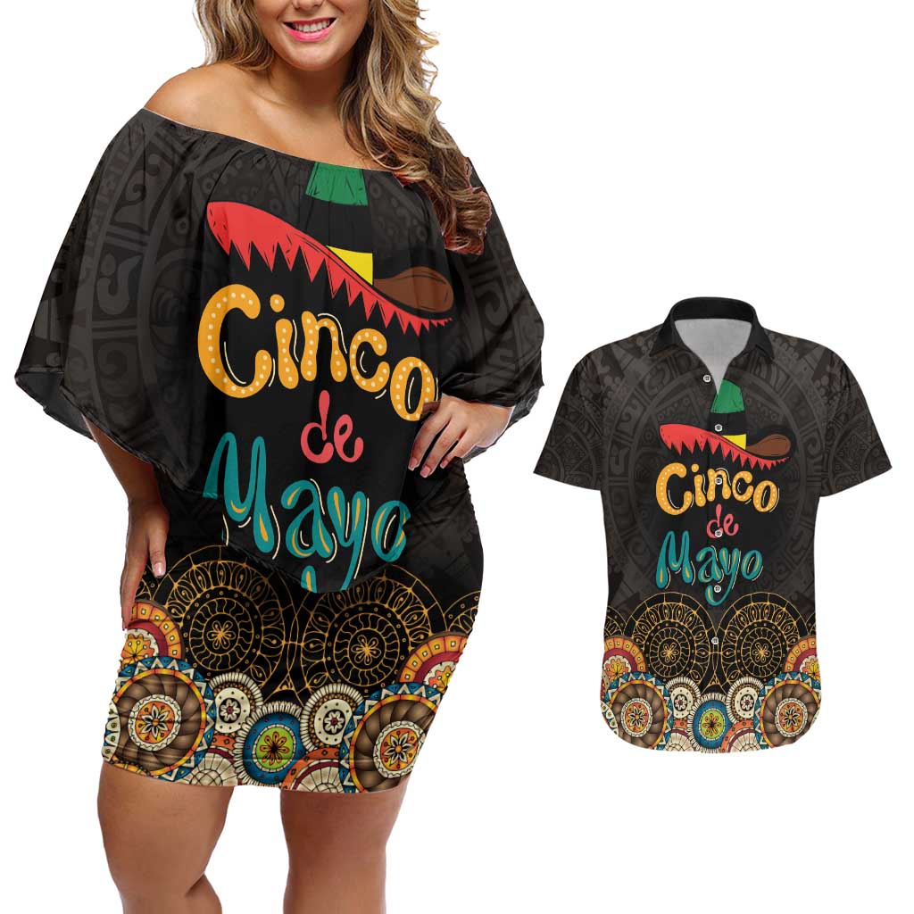 Personalized Mexico Cinco de Mayo Fiesta Couples Matching Off Shoulder Short Dress and Hawaiian Shirt Traditional Sombrero Hat