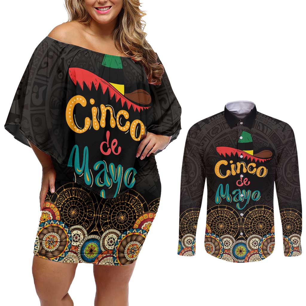 Personalized Mexico Cinco de Mayo Fiesta Couples Matching Off Shoulder Short Dress and Long Sleeve Button Shirt Traditional Sombrero Hat