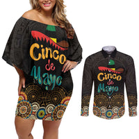 Personalized Mexico Cinco de Mayo Fiesta Couples Matching Off Shoulder Short Dress and Long Sleeve Button Shirt Traditional Sombrero Hat