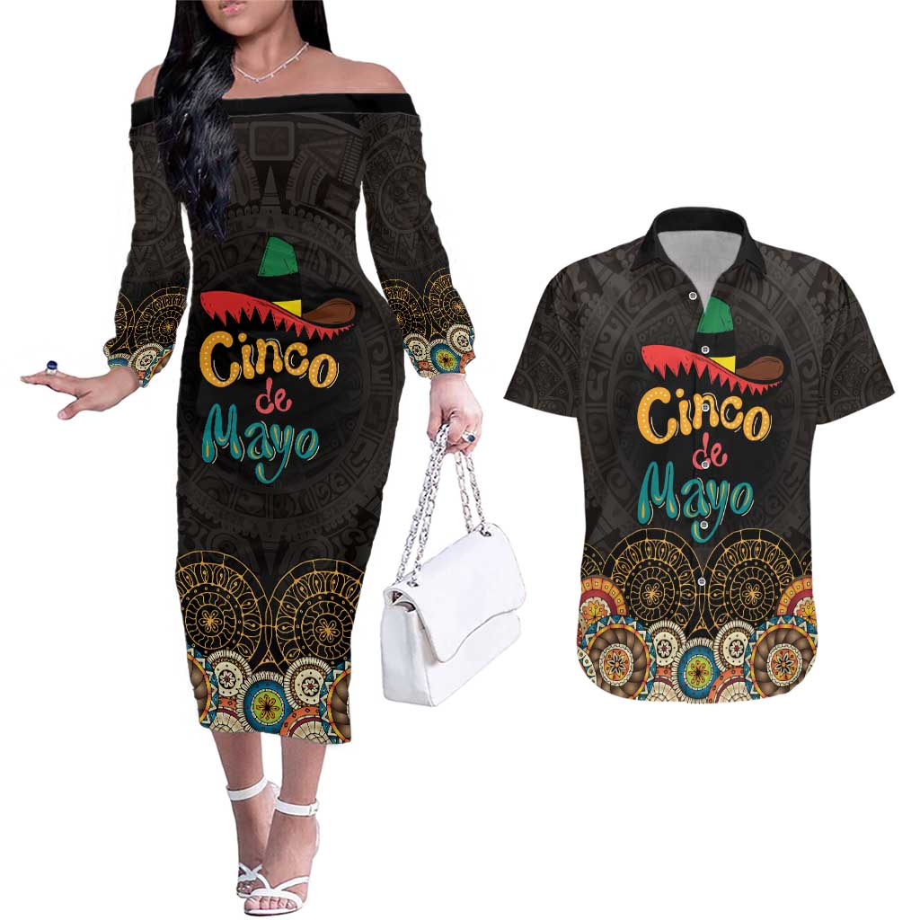 Personalized Mexico Cinco de Mayo Fiesta Couples Matching Off The Shoulder Long Sleeve Dress and Hawaiian Shirt Traditional Sombrero Hat
