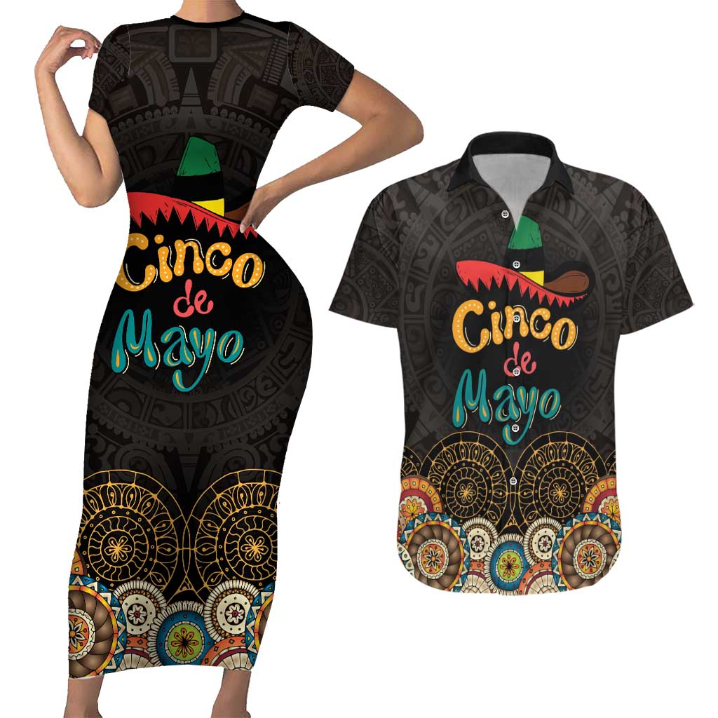 Personalized Mexico Cinco de Mayo Fiesta Couples Matching Short Sleeve Bodycon Dress and Hawaiian Shirt Traditional Sombrero Hat