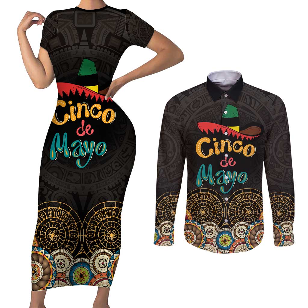 Personalized Mexico Cinco de Mayo Fiesta Couples Matching Short Sleeve Bodycon Dress and Long Sleeve Button Shirt Traditional Sombrero Hat