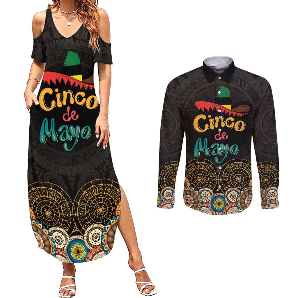 Personalized Mexico Cinco de Mayo Fiesta Couples Matching Summer Maxi Dress and Long Sleeve Button Shirt Traditional Sombrero Hat